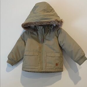 Tan Hooded Jacket with Faux Fur Trim for